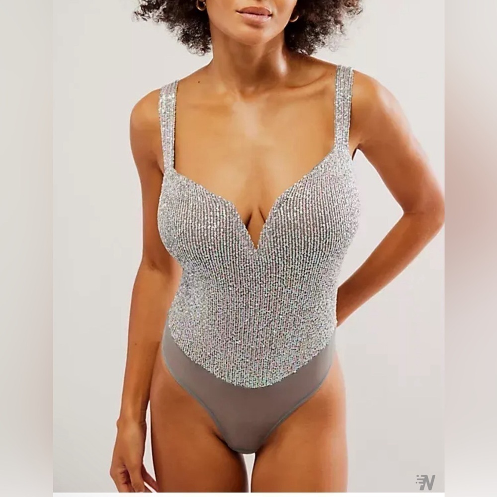 NWOT Free People, Sparks Fly Corset Bodysuit, Large in Gray